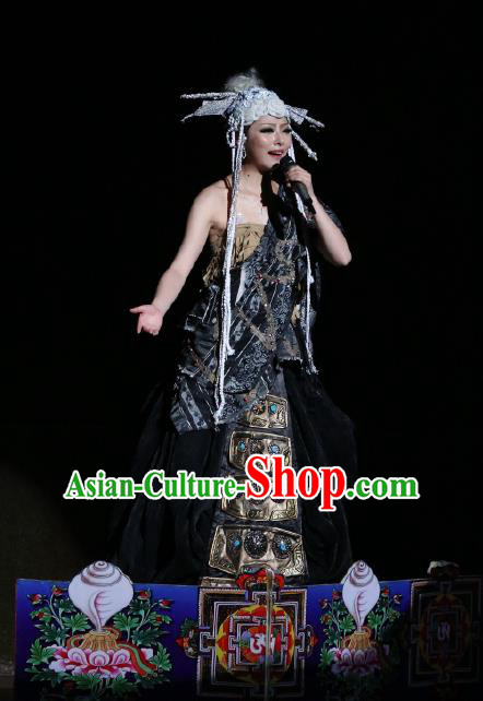 Chinese Tamrac Heaven Zang Nationality Dance Black Dress Stage Performance Costume and Headpiece for Women