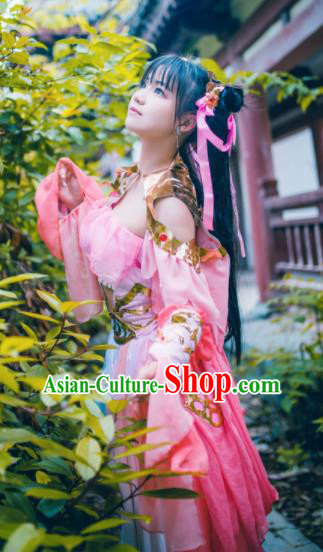 Chinese Cosplay Fairy Female Swordsman Pink Dress Ancient Knight Princess Costume for Women
