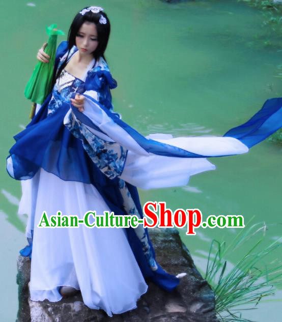 Chinese Cosplay Imperial Consort Royalblue Dress Ancient Female Swordsman Knight Costume for Women