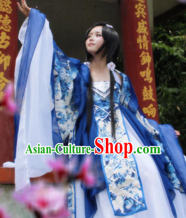 Chinese Cosplay Imperial Consort Royalblue Dress Ancient Female Swordsman Knight Costume for Women