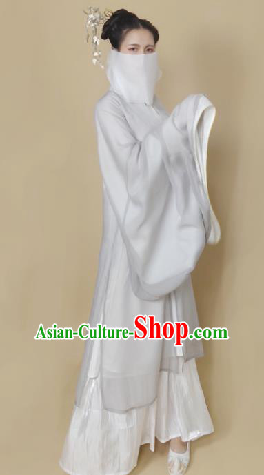 Chinese Ming Dynasty Light Grey Chiffon Cloak Ancient Female Swordsman Knight Costume for Women