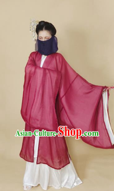 Chinese Ming Dynasty Wine Red Chiffon Cloak Ancient Female Swordsman Knight Costume for Women