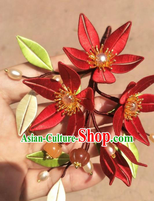 Traditional Chinese Hanfu Palace Red Flowers Hairpins Ancient Princess Hair Accessories for Women