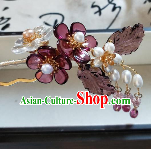 Traditional Chinese Hanfu Palace Purple Flowers Tassel Hairpins Ancient Princess Hair Accessories for Women