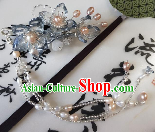 Traditional Chinese Hanfu Palace Blue Flowers Pearls Tassel Hair Claw Hairpins Ancient Princess Hair Accessories for Women