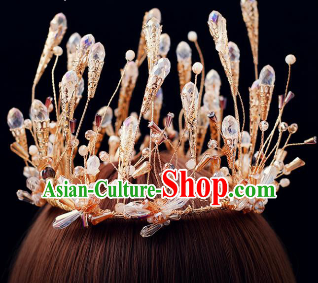 Top Grade Bride Beads Golden Round Royal Crown Handmade Wedding Hair Accessories for Women