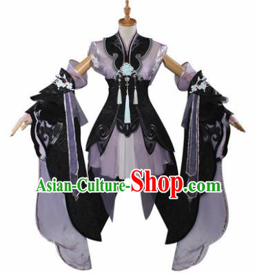 Traditional Chinese Cosplay Swordswoman Purple Short Dress Ancient Fairy Princess Costume for Women