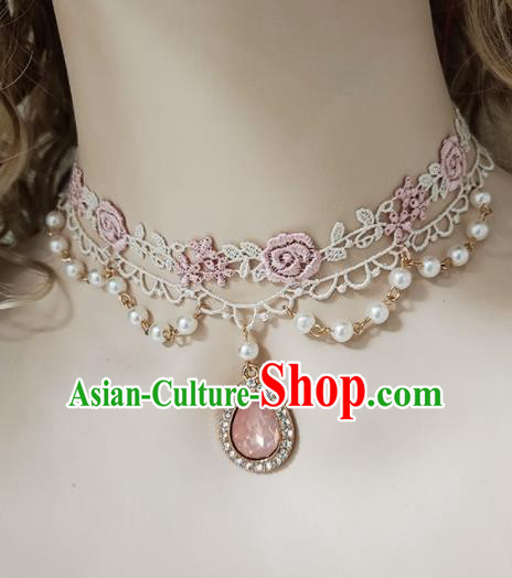 Top Grade Gothic Princess Pink Lace Rose Necklace Handmade Necklet Accessories for Women