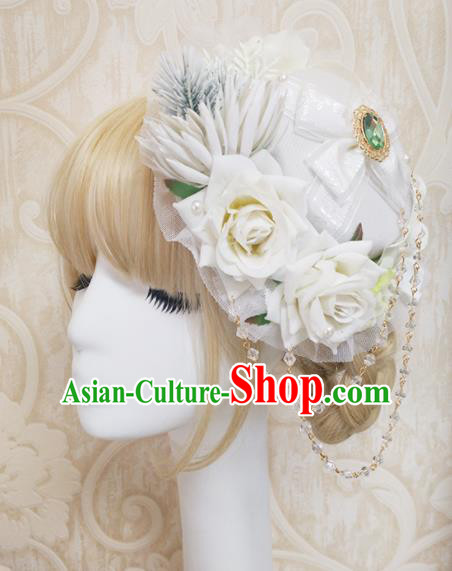 Top Grade Baroque Bride White Roses Top Hat Handmade Wedding Hair Accessories for Women