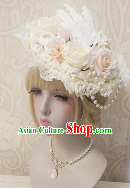 Top Grade Baroque Bride Roses Lace Top Hat Handmade Wedding Hair Accessories for Women