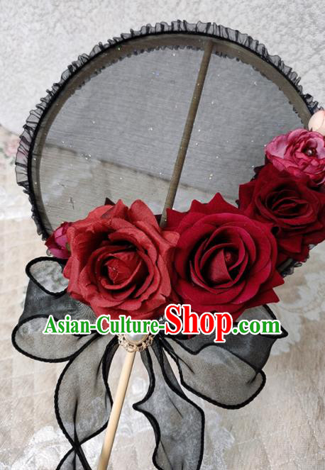 Handmade Chinese Black Silk Palace Fans Wedding Roses Round Fan for Women