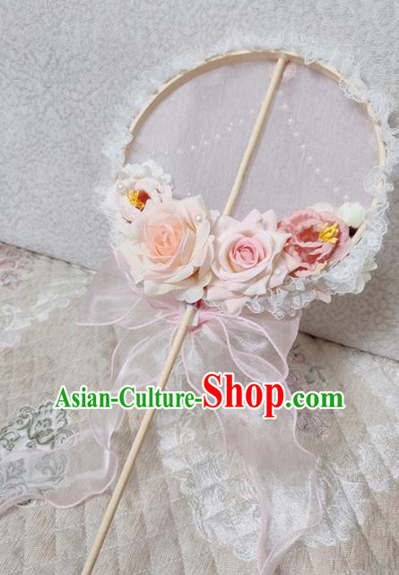 Handmade Chinese Silk Palace Fans Wedding Pink Roses Round Fan for Women
