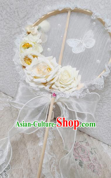 Handmade Chinese Silk Palace Fans Wedding Beige Roses Round Fan for Women