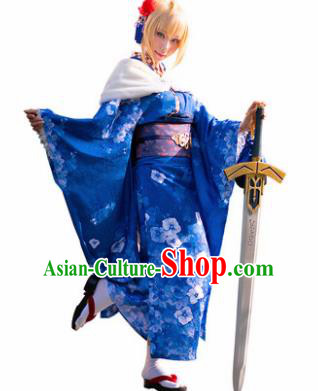 Traditional Japanese Cosplay Geisha Printing Blue Kimono Japan Yukata Dress for Women