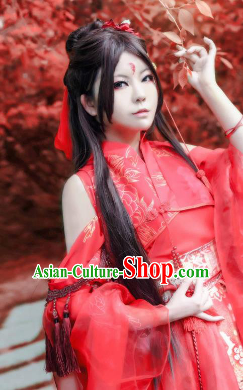Traditional Chinese Cosplay Swordswoman Red Dress Ancient Royal Princess Costume for Women