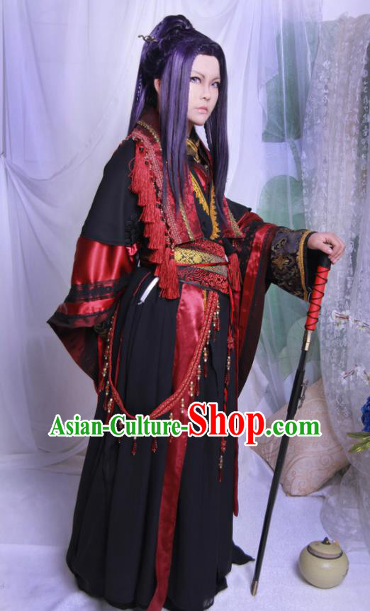 Traditional Chinese Cosplay Swordsman Black Clothing Ancient Royal Highness Costume for Men