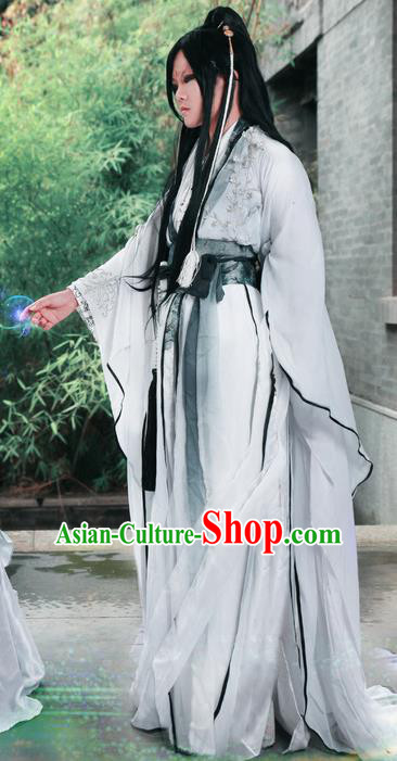 Traditional Chinese Cosplay Nobility Childe Swordsman White Clothing Ancient Prince Costume for Men