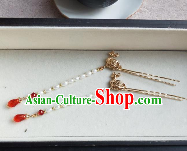 Traditional Chinese Hanfu Palace Pearls Tassel Phoenix Hair Stick Hairpins Ancient Princess Hair Accessories for Women