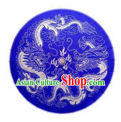 Chinese Handmade Royalblue Oil Paper Umbrella Traditional Dragon Pattern Umbrellas