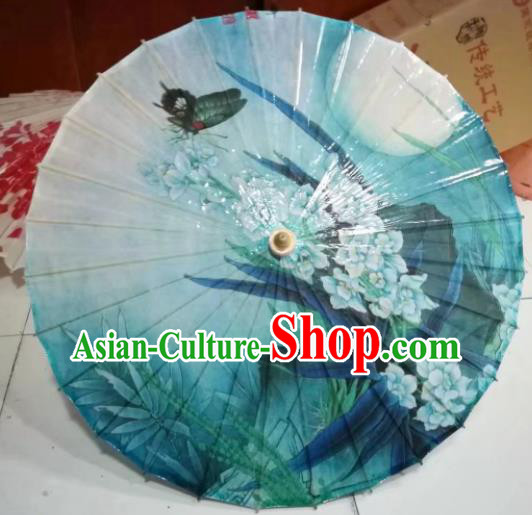 Chinese Handmade Printing Flowers Butterfly Blue Oil Paper Umbrella Traditional Umbrellas