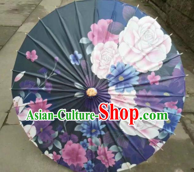 Chinese Handmade Printing Flowers Black Oil Paper Umbrella Traditional Umbrellas
