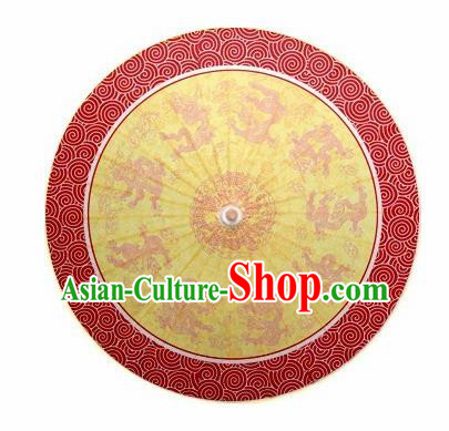 Chinese Handmade National Dragons Pattern Yellow Oil Paper Umbrella Traditional Umbrellas