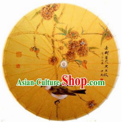 Chinese Handmade Printing Flower Bird Yellow Oil Paper Umbrella Traditional Decoration Umbrellas