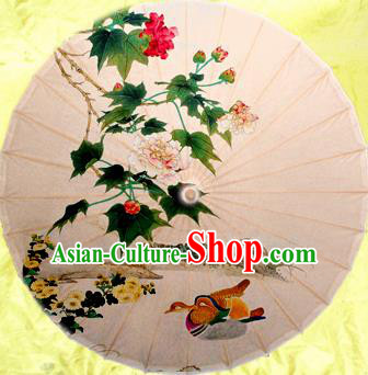 Chinese Handmade Printing Mandarin Duck Hibiscus Oil Paper Umbrella Traditional Decoration Umbrellas