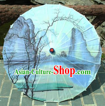 Handmade Chinese Classical Dance Printing Landscape Blue Paper Umbrella Traditional Cosplay Decoration Umbrellas