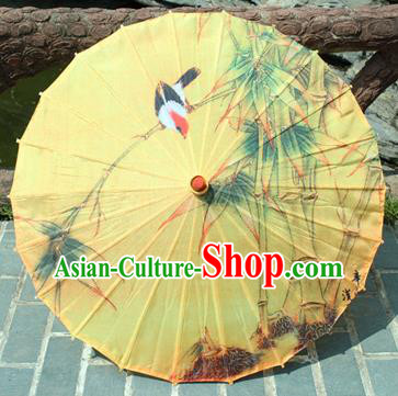 Handmade Chinese Classical Dance Printing Bamboo Bird Yellow Paper Umbrella Traditional Cosplay Decoration Umbrellas