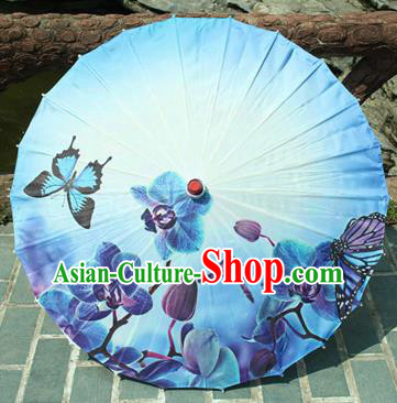 Handmade Chinese Classical Dance Printing Butterfly Blue Paper Umbrella Traditional Cosplay Decoration Umbrellas