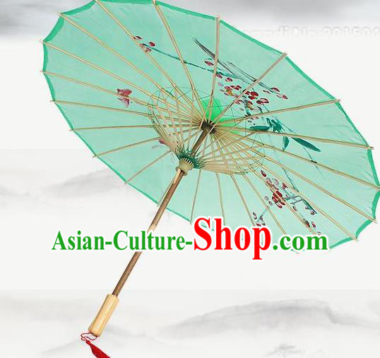 Handmade Chinese Classical Dance Printing Plum Green Silk Umbrella Traditional Cosplay Decoration Umbrellas