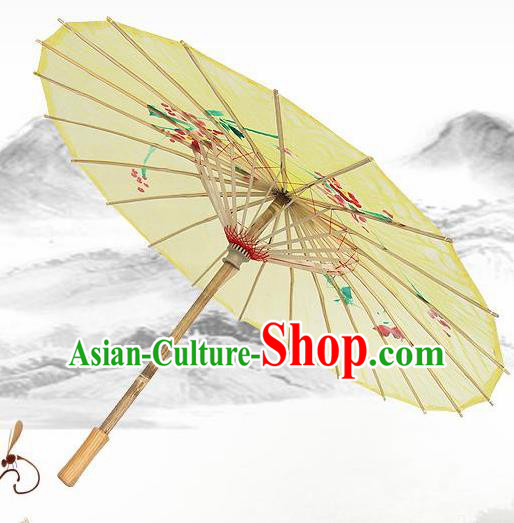 Handmade Chinese Classical Dance Printing Plum Light Yellow Silk Umbrella Traditional Cosplay Decoration Umbrellas