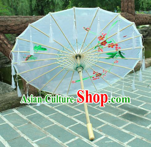 Handmade Chinese Printing Flowers White Tassel Silk Umbrella Traditional Classical Dance Decoration Umbrellas