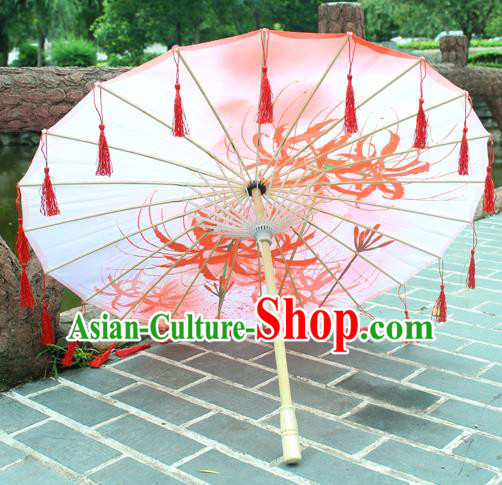 Handmade Chinese Printing Manjusaka Red Tassel Silk Umbrella Traditional Classical Dance Decoration Umbrellas