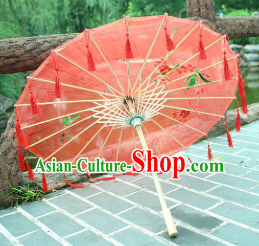 Handmade Chinese Printing Red Tassel Silk Umbrella Traditional Classical Dance Decoration Umbrellas