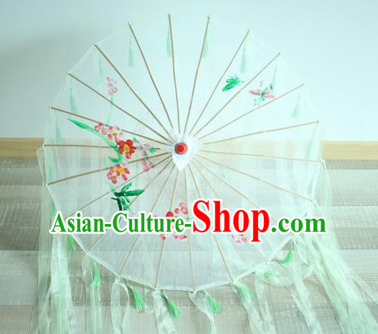 Handmade Chinese Printing Flowers Green Ribbon Silk Umbrella Traditional Classical Dance Decoration Umbrellas