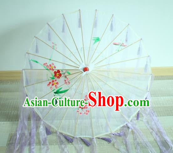 Handmade Chinese Printing Flowers Purple Ribbon Silk Umbrella Traditional Classical Dance Decoration Umbrellas