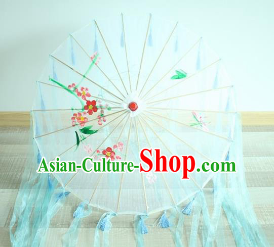 Handmade Chinese Printing Flowers Blue Ribbon Silk Umbrella Traditional Classical Dance Decoration Umbrellas