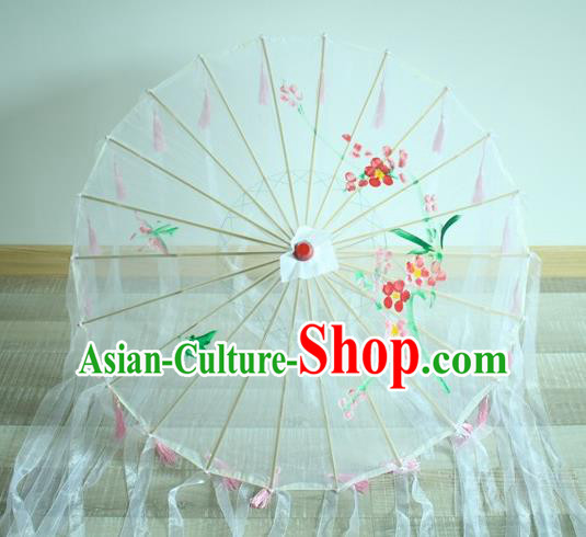 Handmade Chinese Printing Flowers White Ribbon Silk Umbrella Traditional Classical Dance Decoration Umbrellas