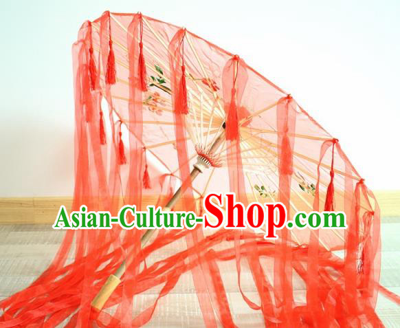 Handmade Chinese Printing Flowers Red Ribbon Silk Umbrella Traditional Classical Dance Decoration Umbrellas