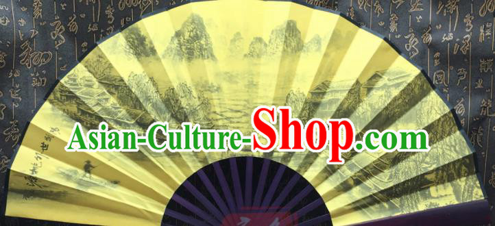 Chinese Handmade Painting Landscape Yellow Silk Fans Traditional Decoration Folding Fan