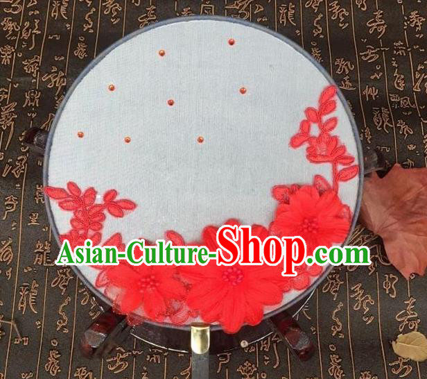 Handmade Chinese Classical Hanfu Red Flowers Silk Round Fan Traditional Palace Fans