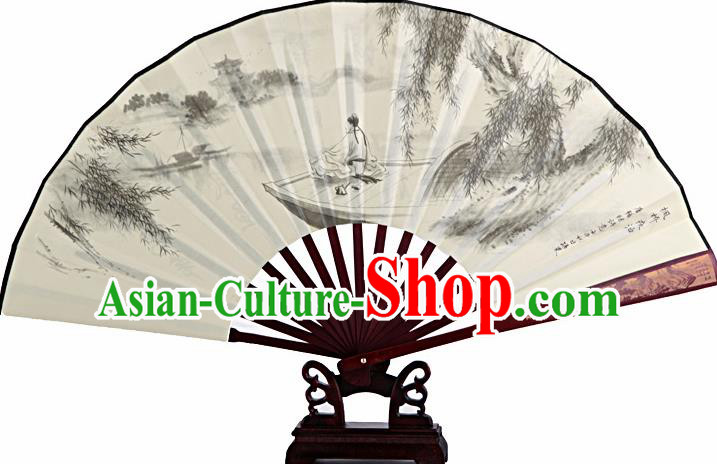 Chinese Handmade Painting Boat White Fans Accordion Fan Traditional Decoration Folding Fan