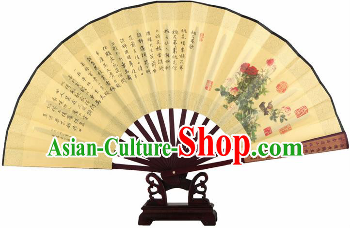 Chinese Handmade Painting Peony Yellow Fans Accordion Fan Traditional Decoration Folding Fan