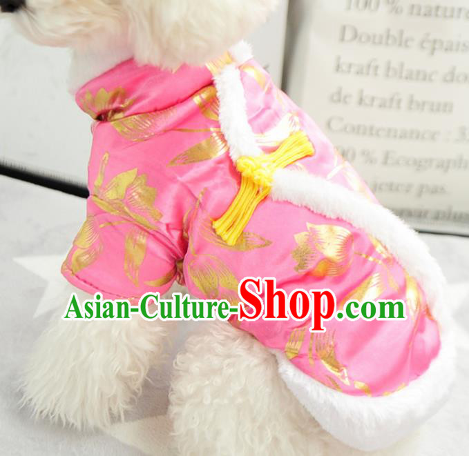 Traditional Asian Chinese Pets Clothing Dog Winter Brushed Printing Tulip Pink Costumes for New Year