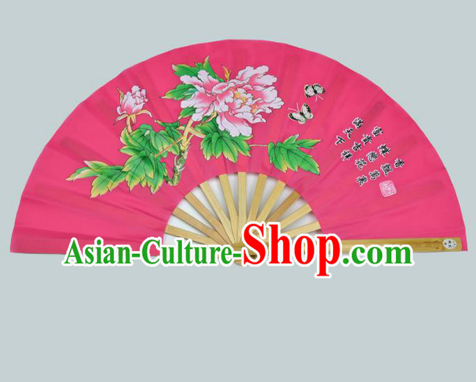 Chinese Handmade Printing Peony Rosy Kung Fu Fans Accordion Fan Traditional Decoration Folding Fan