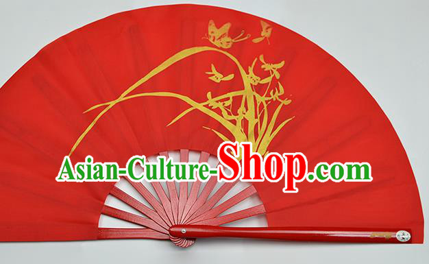 Chinese Handmade Printing Orchid Red Kung Fu Fans Accordion Fan Traditional Decoration Folding Fan