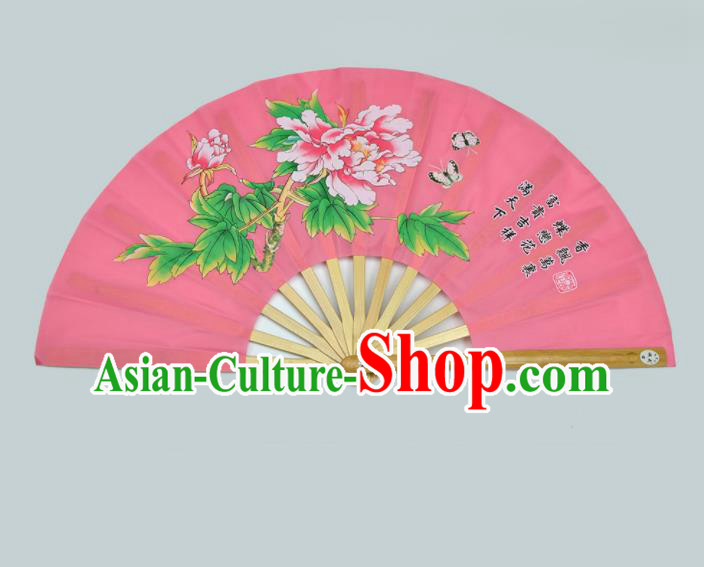 Chinese Handmade Printing Peony Pink Kung Fu Fans Accordion Fan Traditional Decoration Folding Fan