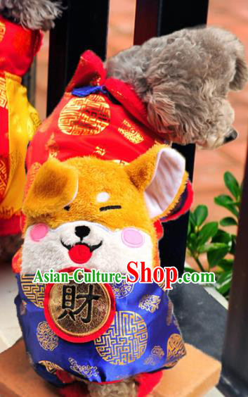 Traditional Asian Chinese Pets Clothing Dog Winter Royalblue Costumes for New Year